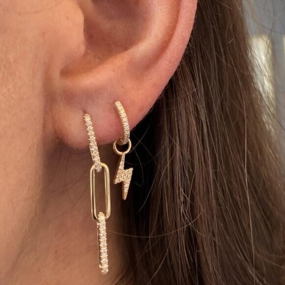 YOU PICK!  Gold Pave Huggies + you pick charm Bolt, Hamsa Hand or Evil Eye - Picture 8 of 14